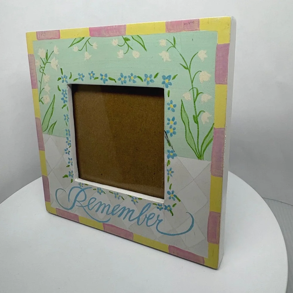 Hand Painted Wood Remember Floral Picture Frame Pastel 6x6 Elsa L Inc